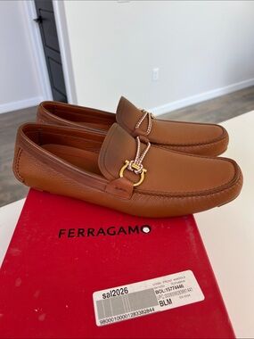 Ferragamo front 4 cognac tan brown leather driving shoes braided detailing gold